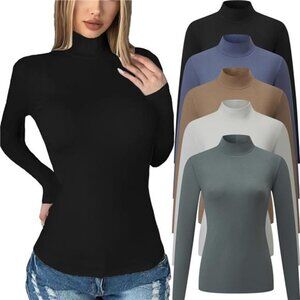 5 Pack Womens Long Sleeve Tops Mock Turtleneck Basic T Shirt Fall Stretch Tight